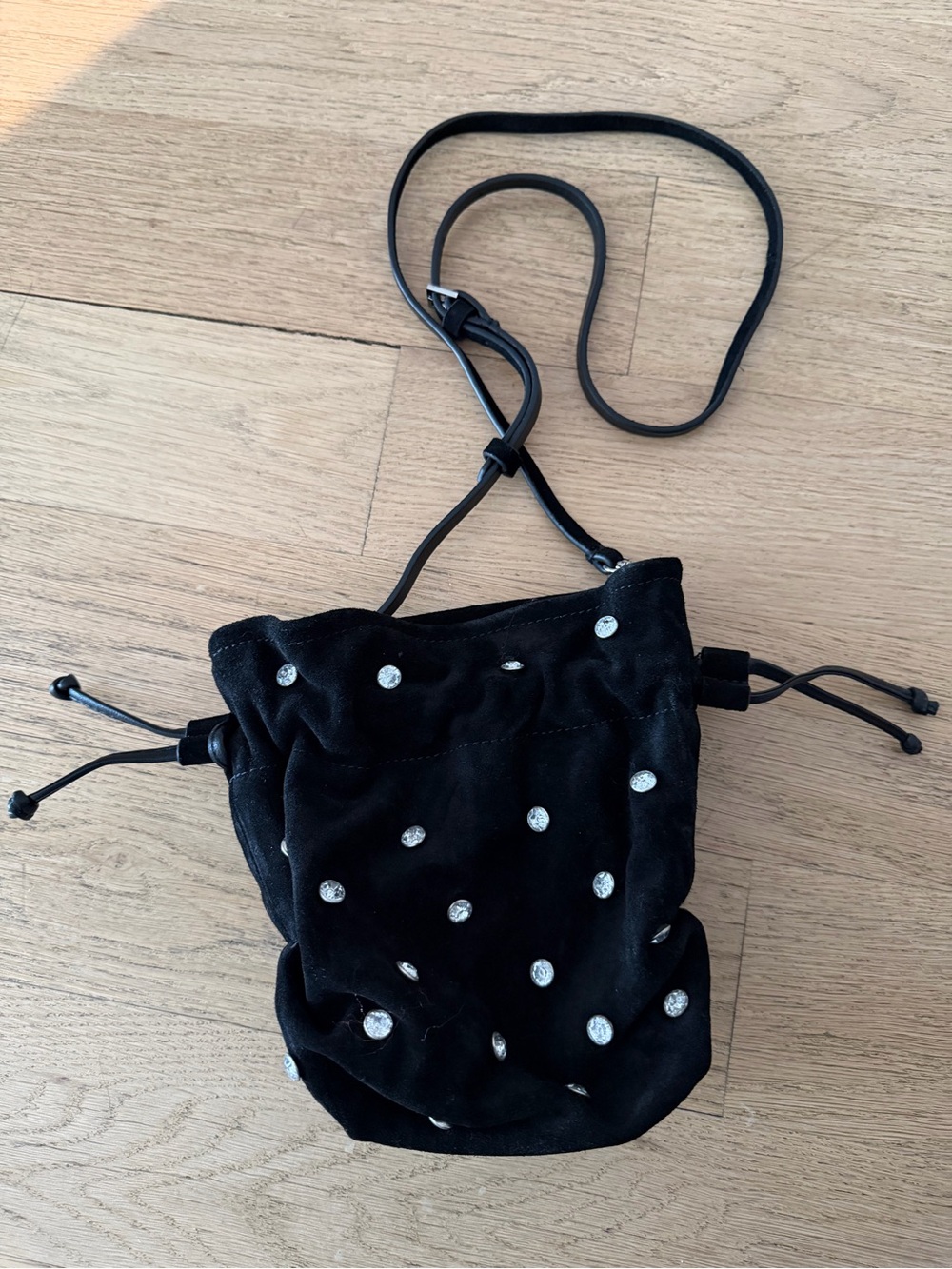 Zara Black Suede Drawstring Crossbody with Crystal Studs